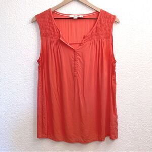 Boden Coral Smocked Button Neck Sleeveless Top Size 12